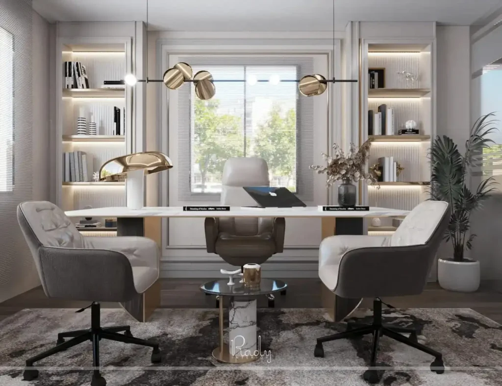 A modern office featuring a stylish desk and chairs, designed by Rady Interior for a residential setting.