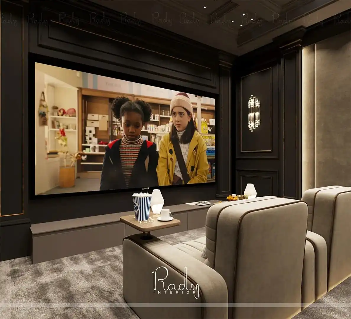 A stylish home theater room featuring a large screen, designed by Rady Interior, showcasing modern residential aesthetics.