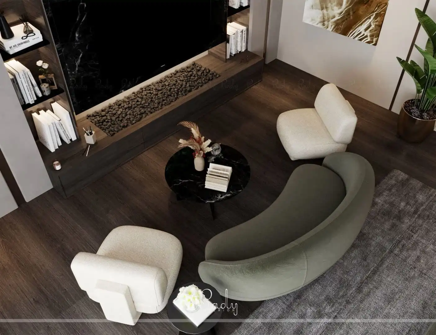 Contemporary living room with a spacious layout and a large flat screen TV, designed by Rady Interior.