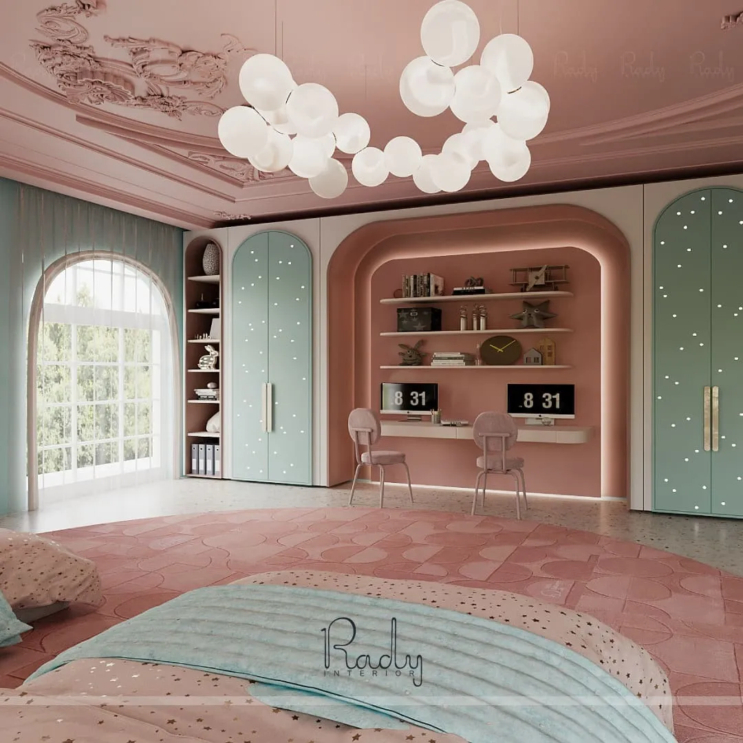 Modern kids bedroom design with pink and lite green color combination design by rady interior