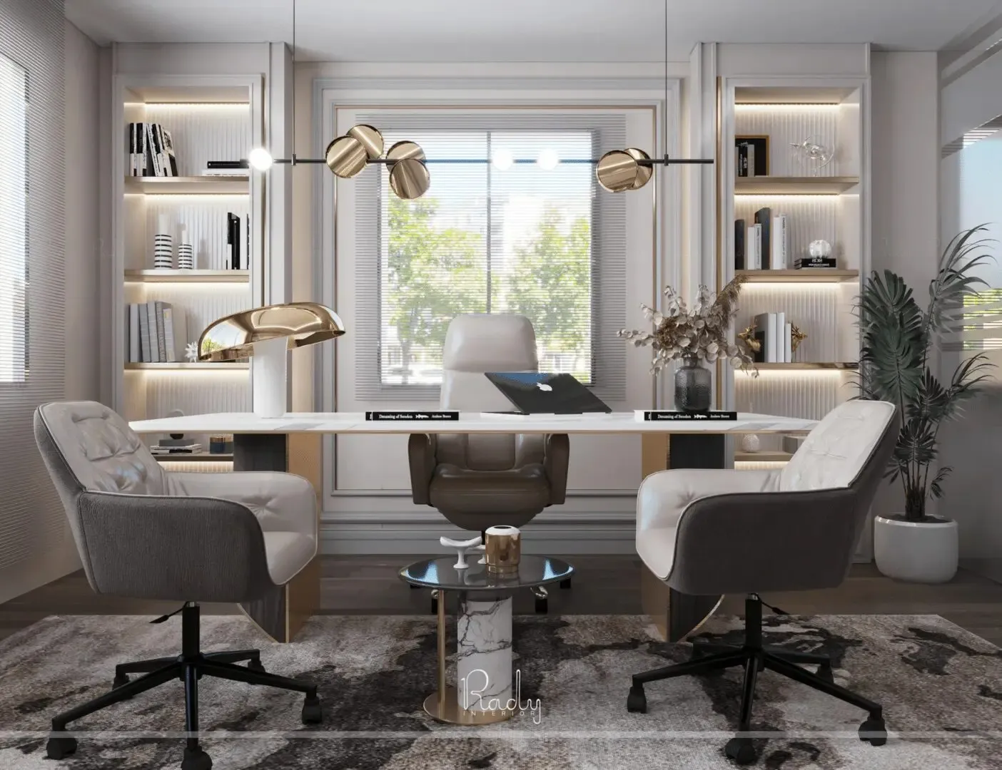 Stylish modern home office with a black and white color scheme, representing Rady Interior's residential interior design services