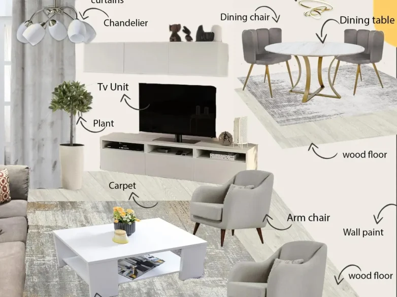 Interior design services by Rady Interior featuring labeled modern living and dining room elements like chandelier, dining table, chairs, armchairs, TV unit, carpet, and wood floor.