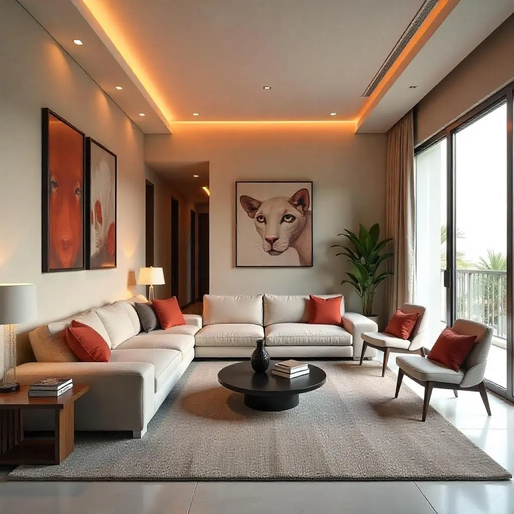  A modern living room featuring a large picture above a stylish couch, creating a cozy and inviting atmosphere.