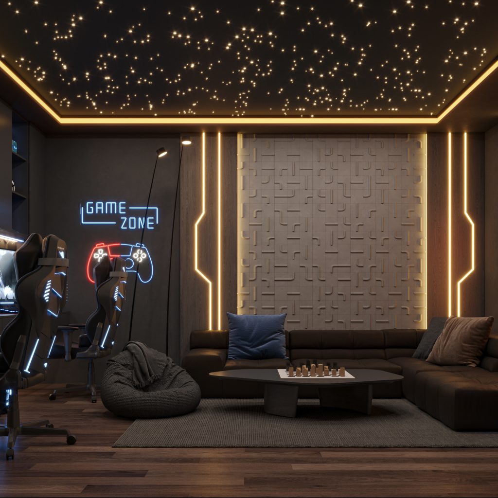 3D wall panels with geometric patterns Gaming Room Interior Design Dubai