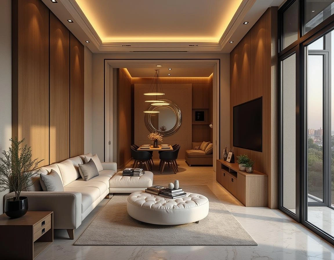 A modern living room featuring a large window, designed by Rady Interior, showcasing a bright and airy atmosphere.