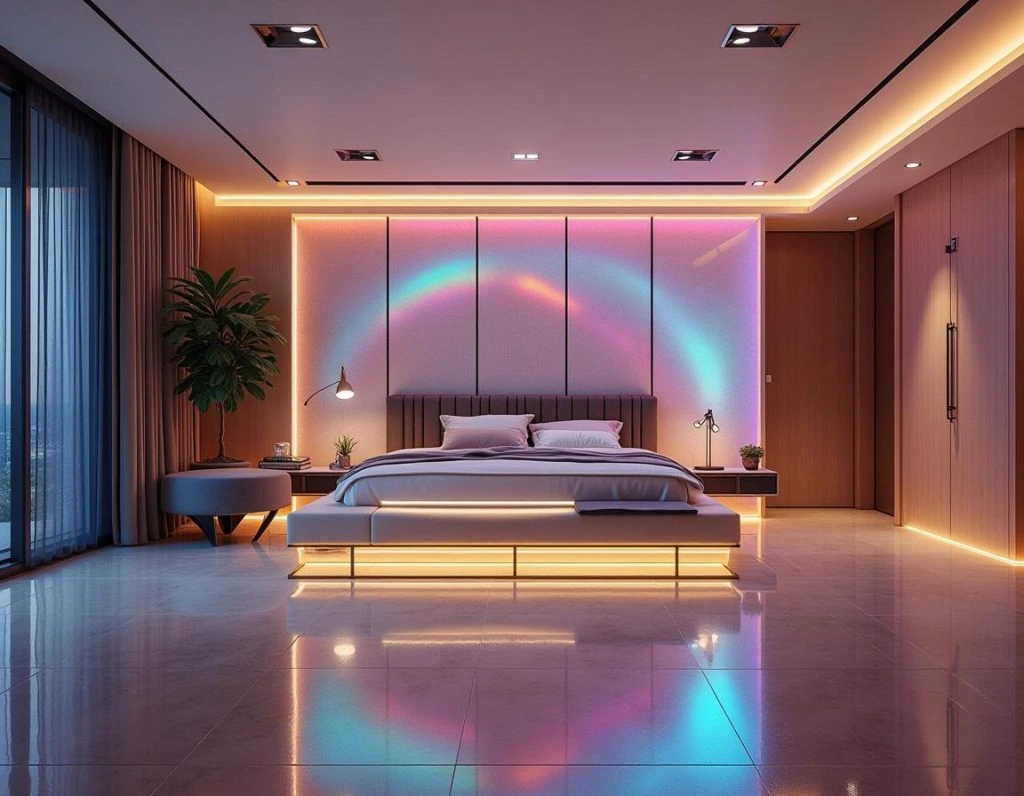 A modern bedroom featuring a vibrant light show, designed by Rady Interior for a stylish residential interior fit-out.