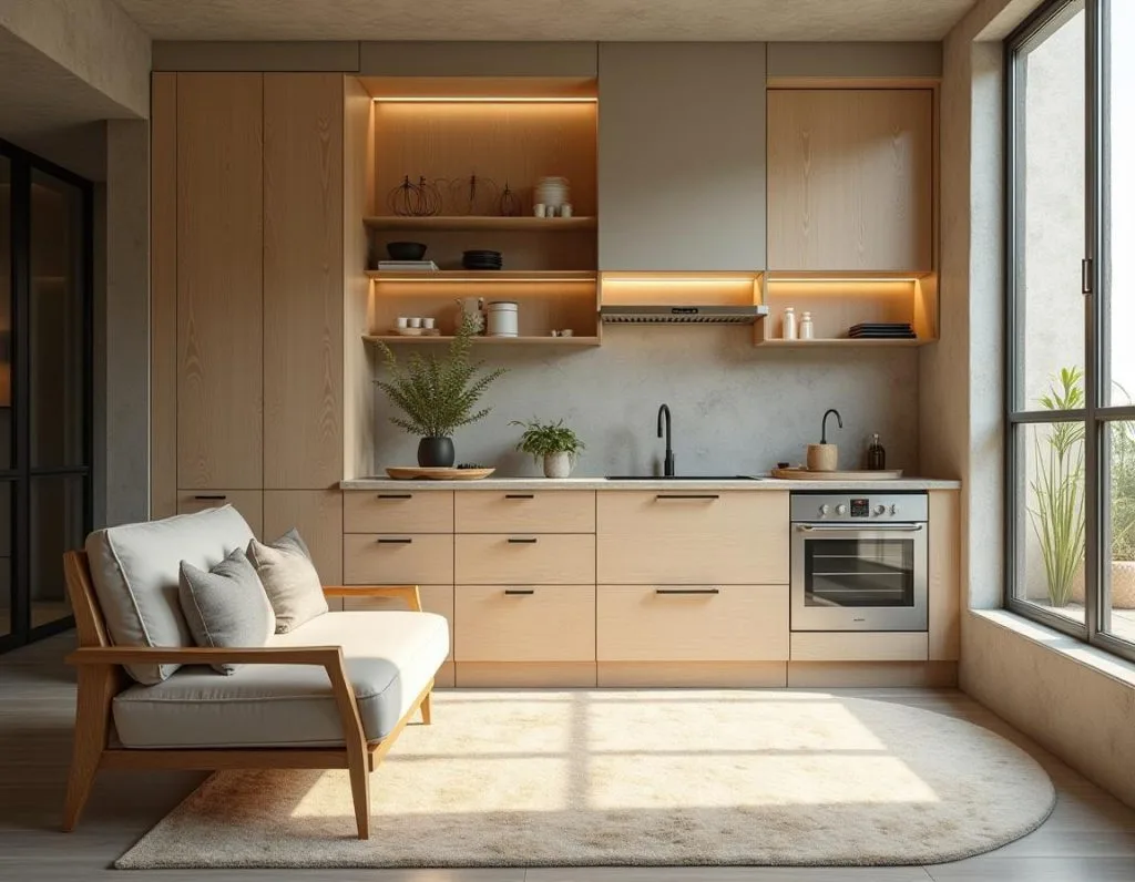 Modern kitchen featuring wooden cabinets and a couch, designed by Rady Interior for a residential interior fit-out.