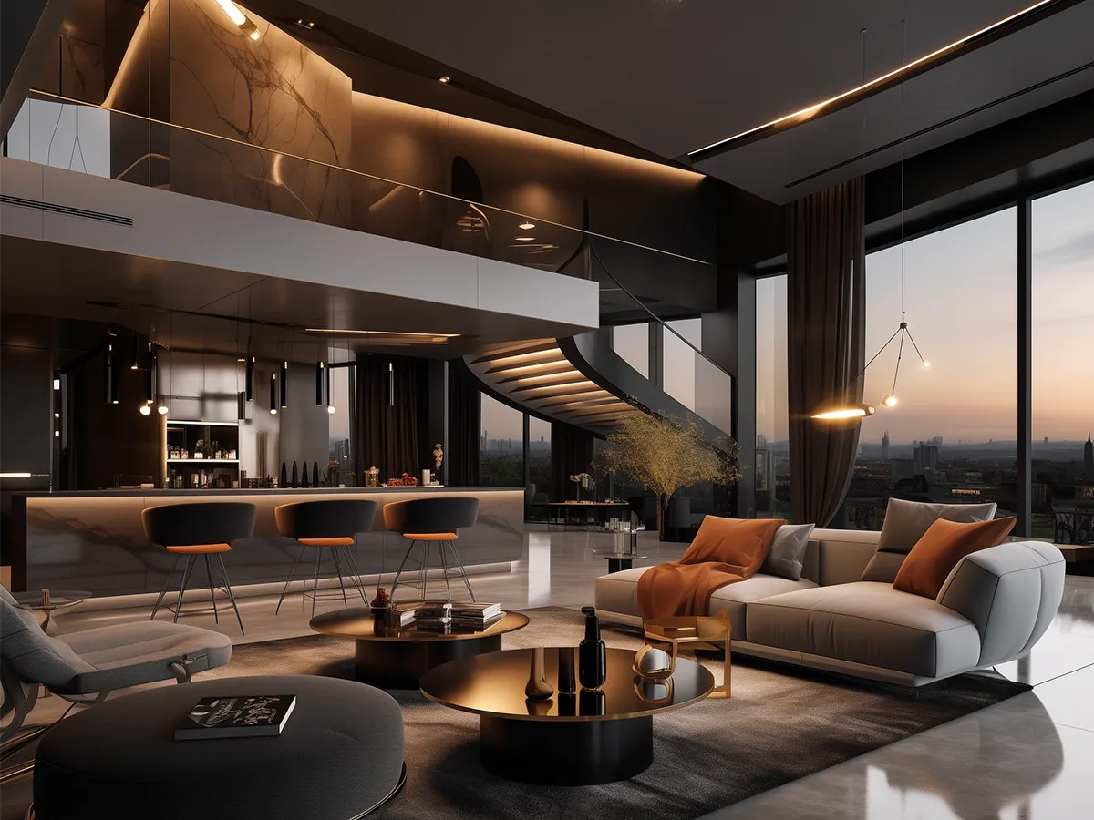 Luxury penthouse living room design with Dubai skyline views and bespoke furniture