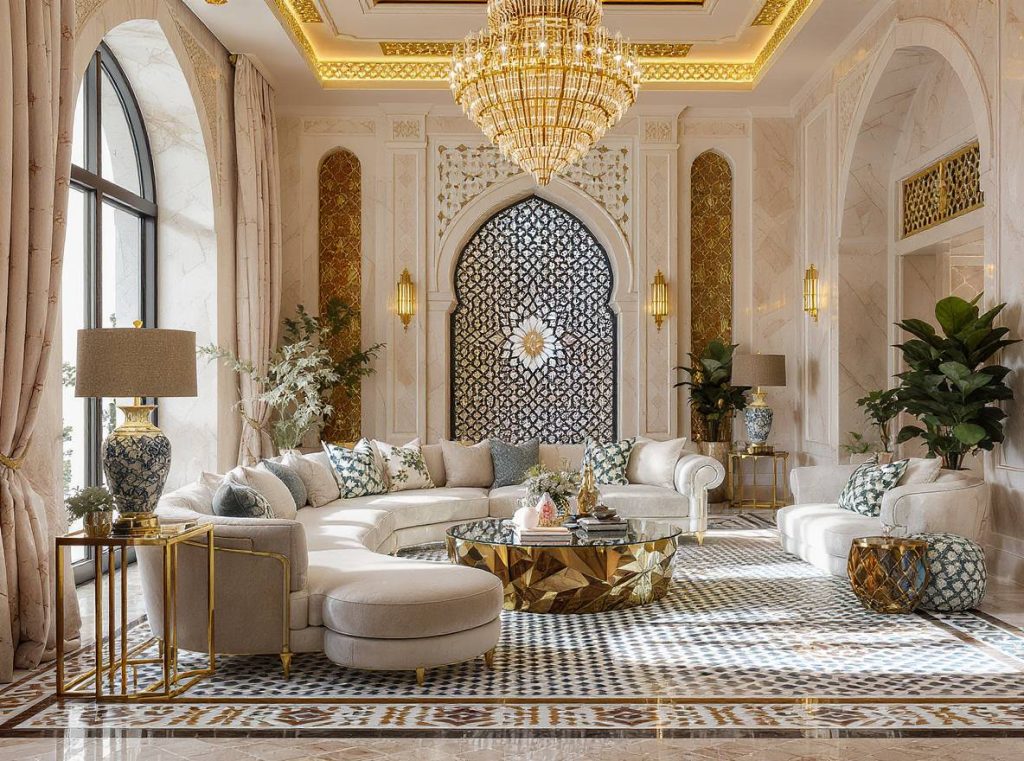 Traditional Arabic geometric patterns in modern Penthouse Interior Design Dubai with mosaic tiles and gold accents
