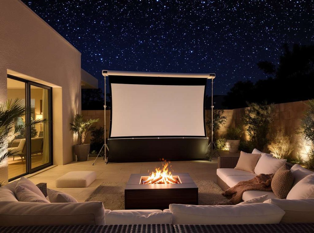 Backyard home cinema on UAE patio, outdoor projector, retractable screen, modular sofas, fire pit glowing, starlit sky for cozy movie night.