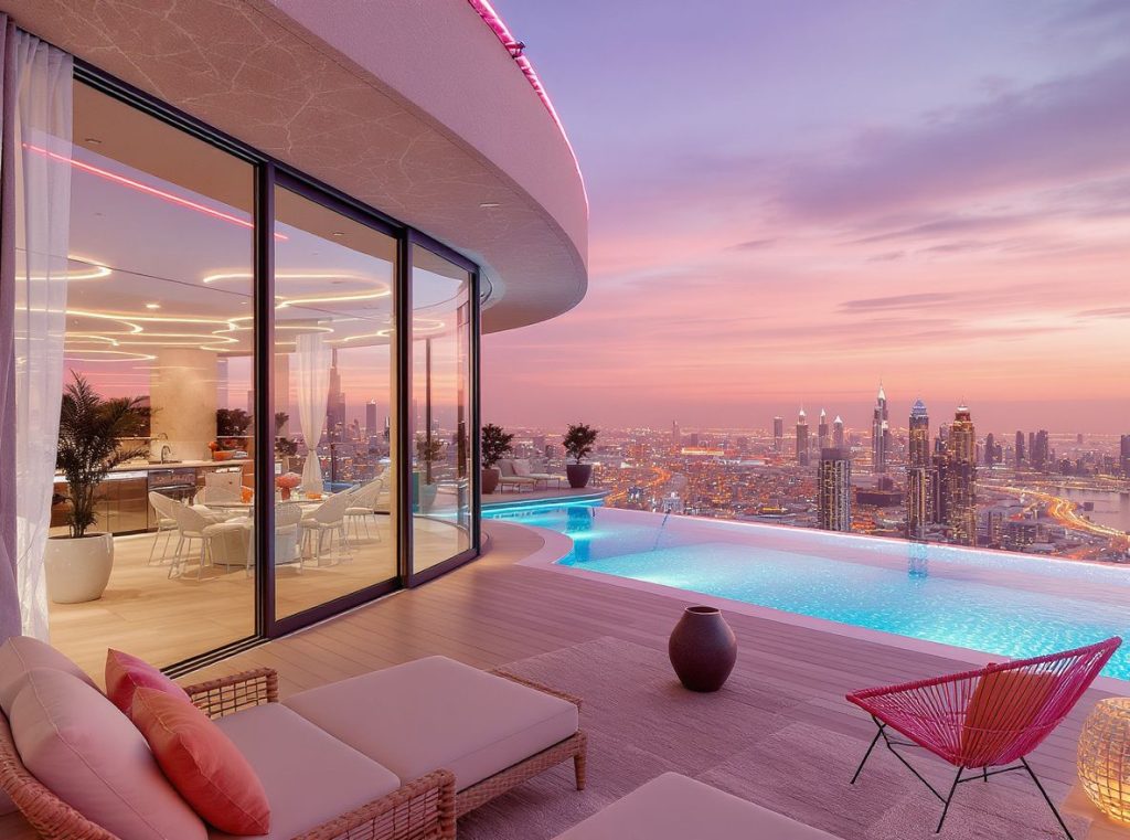 Seamless indoor-outdoor Penthouse Interior Design Dubai with infinity pool and retractable glass walls
