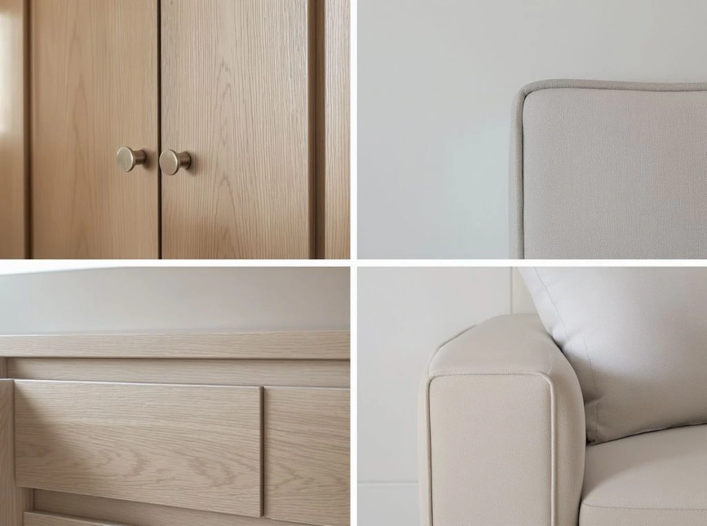 Four images showcasing various furniture pieces arranged in a stylish room setting.