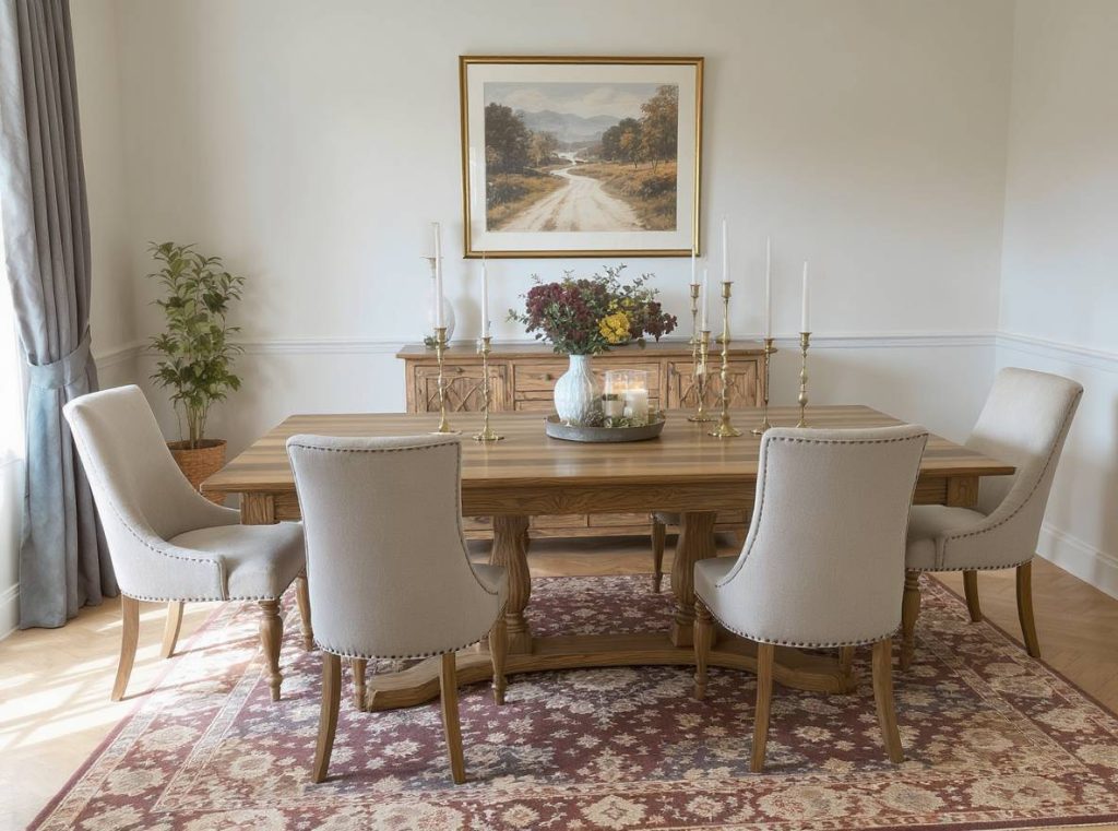 Wooden dining table and upholstered chairs in English dining room style.