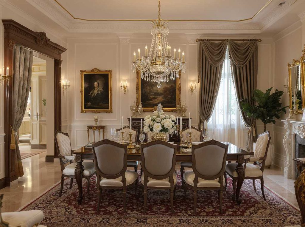 Warm English dining room with muted colors, paisley fabrics, and wool rug.