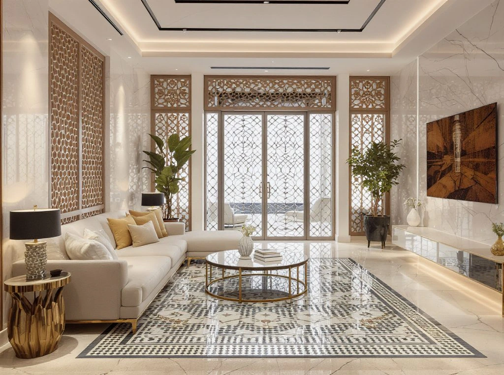 A spacious living room featuring elegant marble floors and a large glass door leading to an outdoor area.