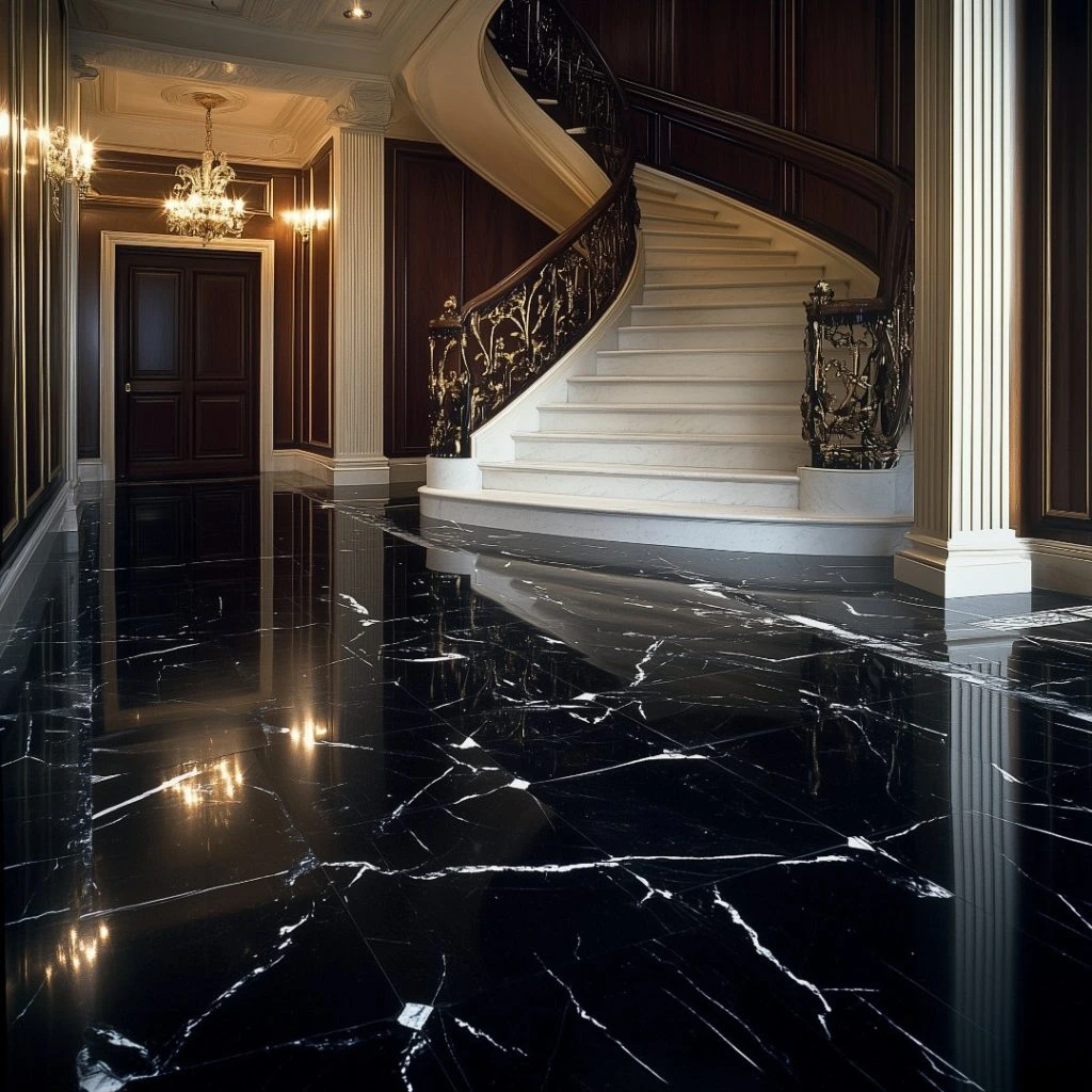 A stylish marble staircase within a lavish home, complemented by polished black marble flooring.