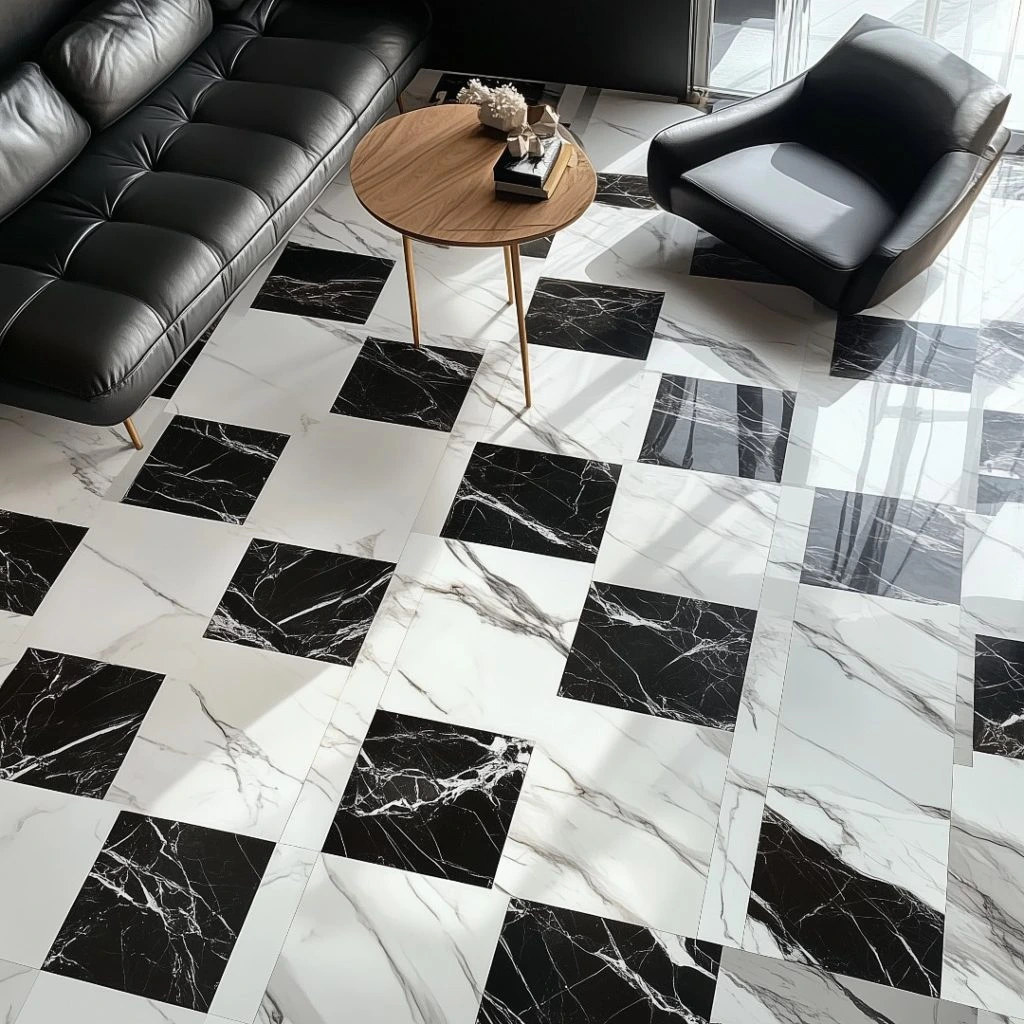 The image shows a black leather couch set against a black and white marble floor, highlighting a chic interior design.