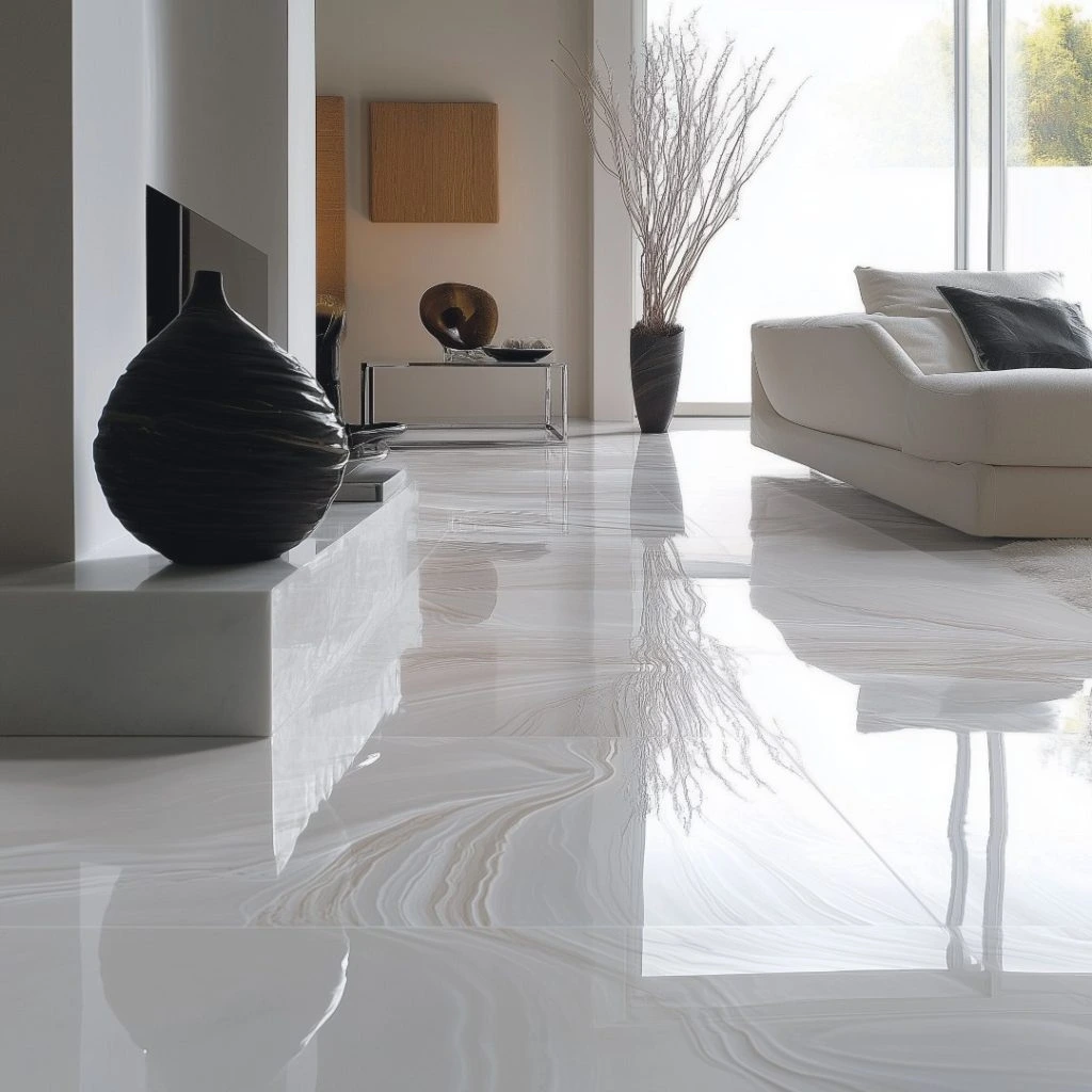 A spacious white living room with a large mirror reflecting the light and a smooth white floor enhancing the brightness.