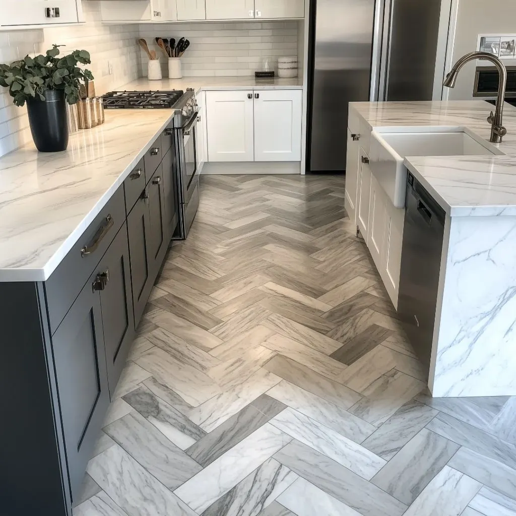 A modern kitchen featuring white cabinets and gray tiled flooring, creating a clean and stylish atmosphere.