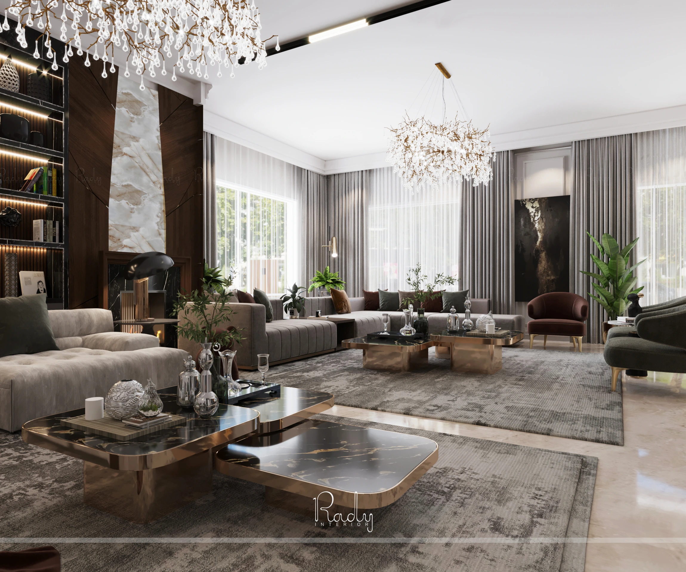 Spacious modern living room with two large gray sofas, marble coffee tables, chandeliers, and floor-to-ceiling windows with sheer curtains, featuring elegant neutral decor.