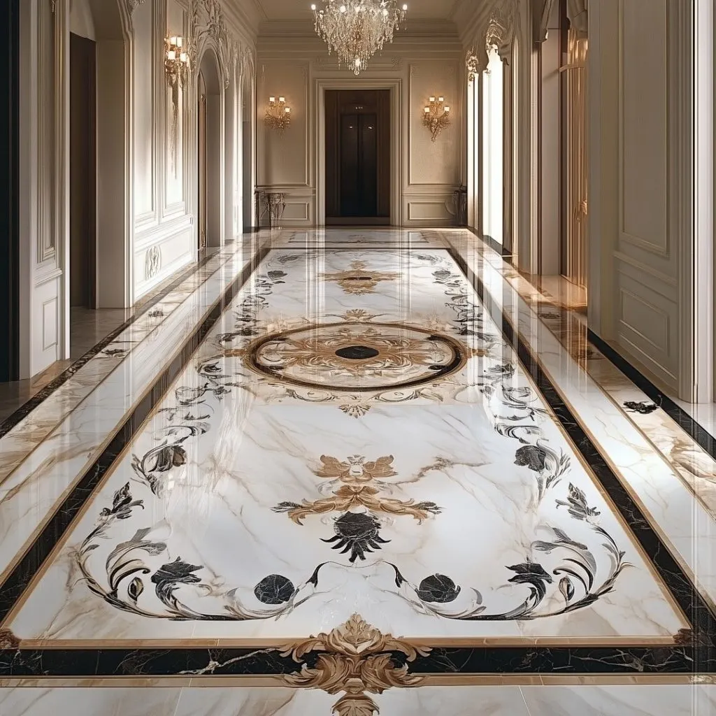 Luxurious marble flooring adorned with detailed patterns and gold highlights.
