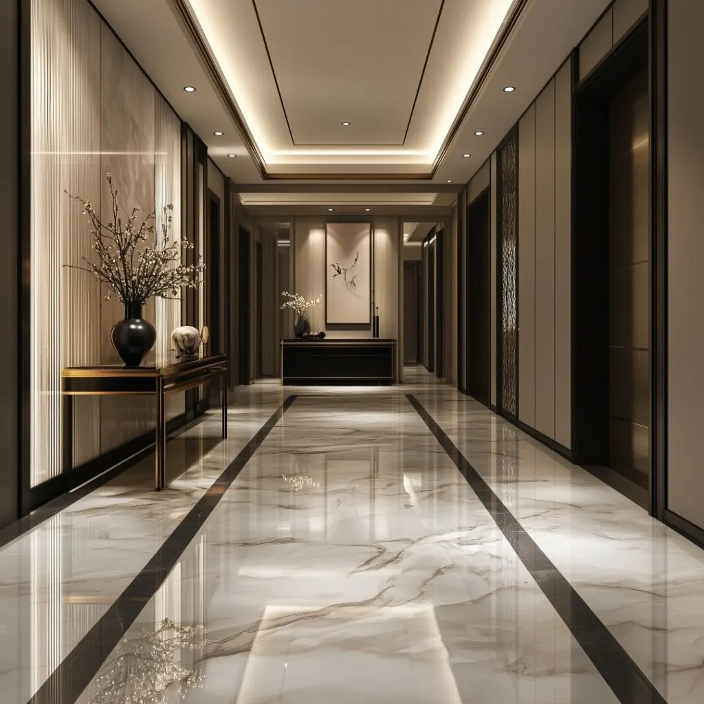A spacious hallway with polished marble floors and a prominent mirror enhancing the light and depth of the area.
