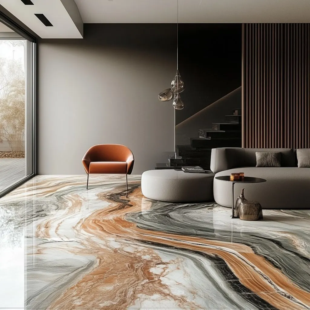 A contemporary living room showcasing polished marble floors and chic furniture, creating a sophisticated atmosphere.