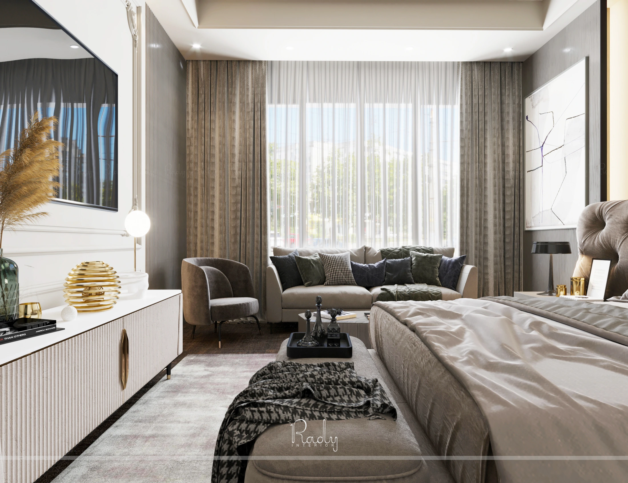 Modern bedroom featuring a large bed and television, part of a villa renovation in Palm Jumeirah by Rady Interior.