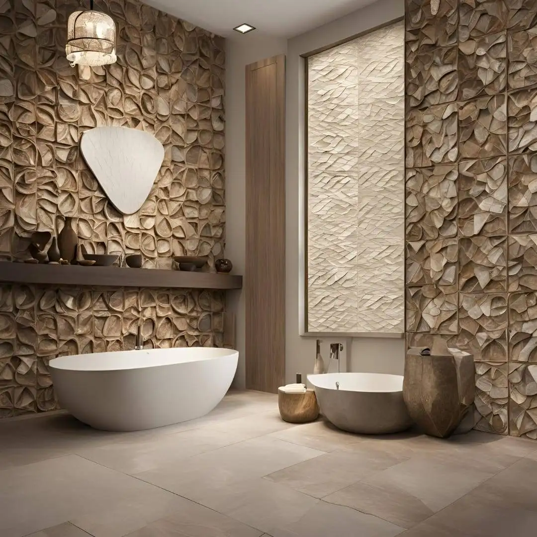 Luxury spa-style bathroom interior design in Dubai featuring sculpted stone walls, freestanding bathtub, textured finishes, and soft ambient lighting by Rady Interior