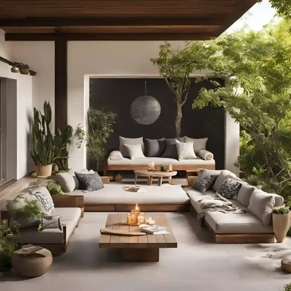 Luxury indoor-outdoor living room design in Dubai featuring natural materials, low seating, greenery, and serene courtyard layout by Rady Interior