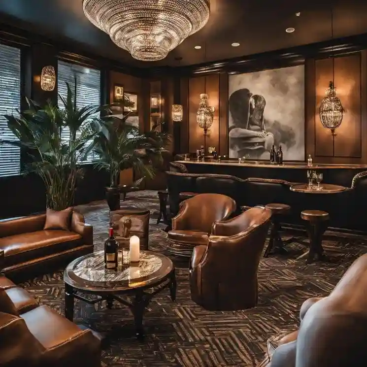 Luxury private lounge interior design in Dubai featuring leather seating, dark wood finishes, ambient lighting, and curated artwork by Rady Interior
