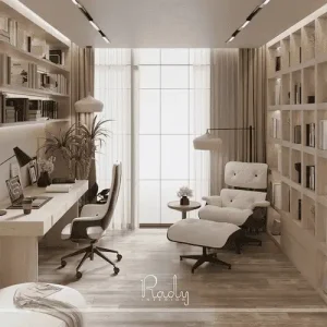 Luxury home office interior design in Dubai featuring bespoke shelving, built-in workspace, ergonomic seating, and soft natural lighting by Rady Interior