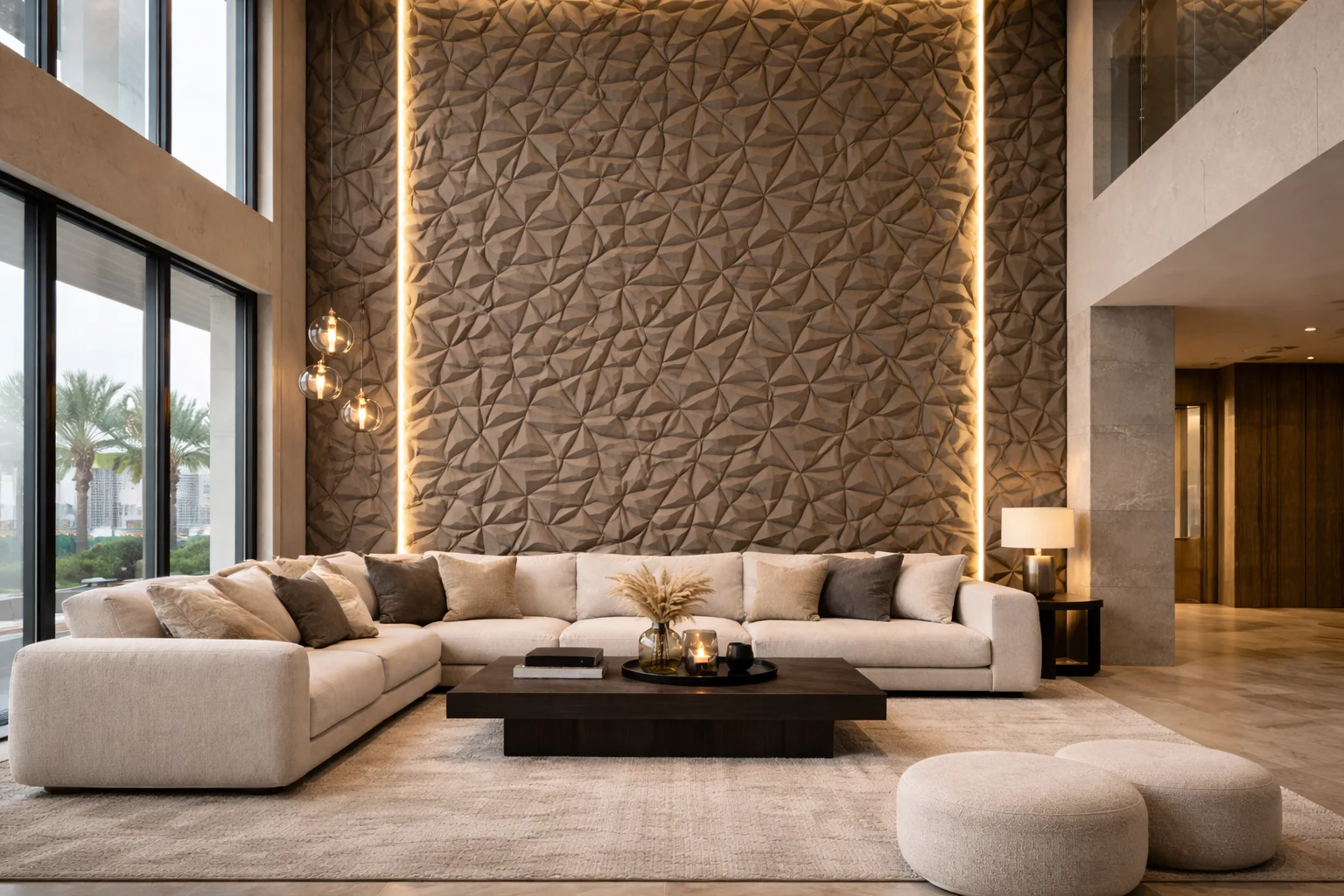 3D wall panels with geometric patterns used as a statement feature wall, adding depth and modern texture to a residential interior.