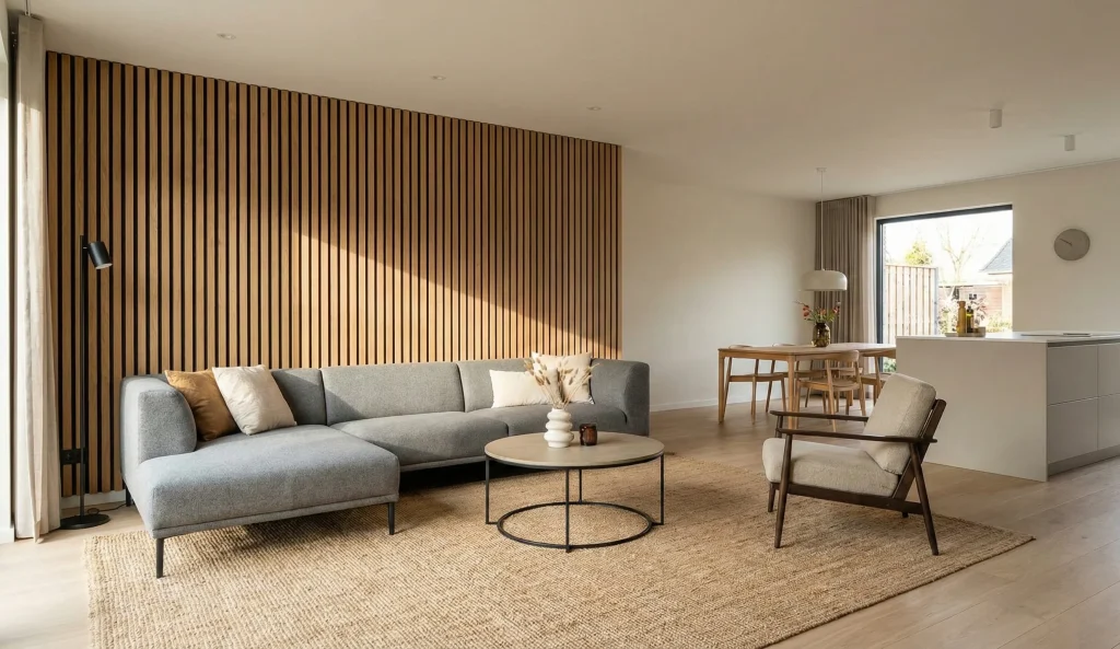Acoustic wood wall paneling with felt backing installed in an open-plan living area to reduce echo and improve sound quality.