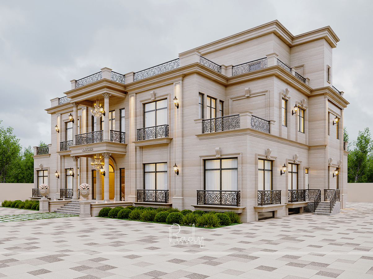 Modern villa entrance with glass doors and exterior lighting