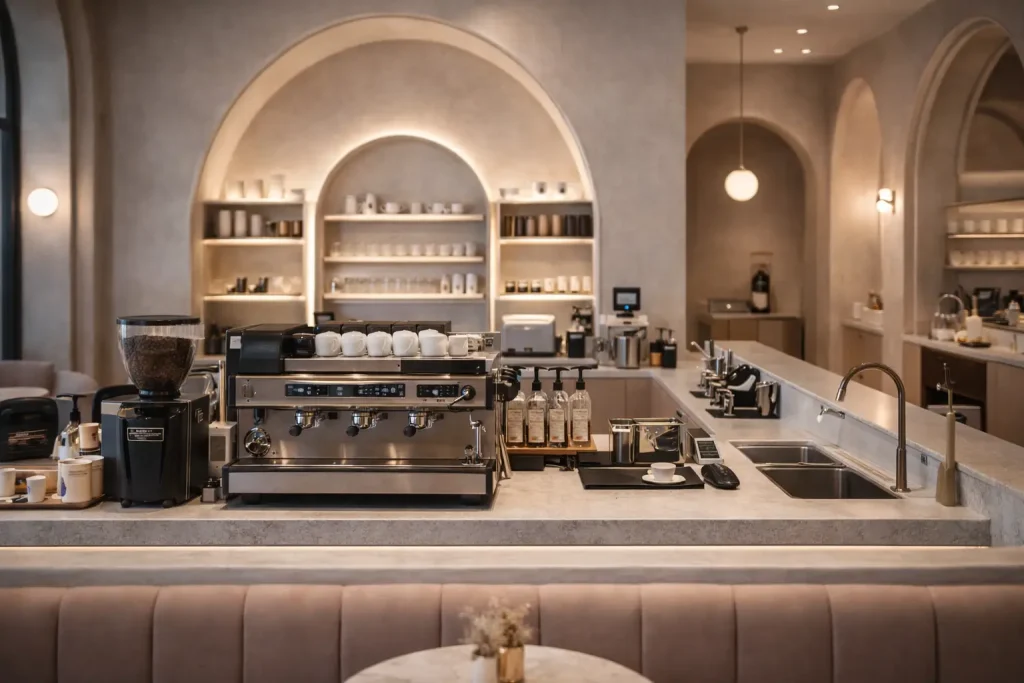 Coffee shop counter layout designed for efficient service flow and smooth staff movement.