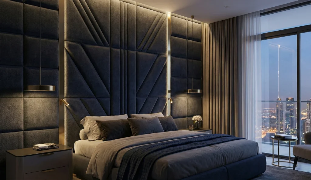 Bedroom wall panels with upholstered and acoustic backing, enhancing comfort, sound insulation, and luxury interior design in a UAE apartment.