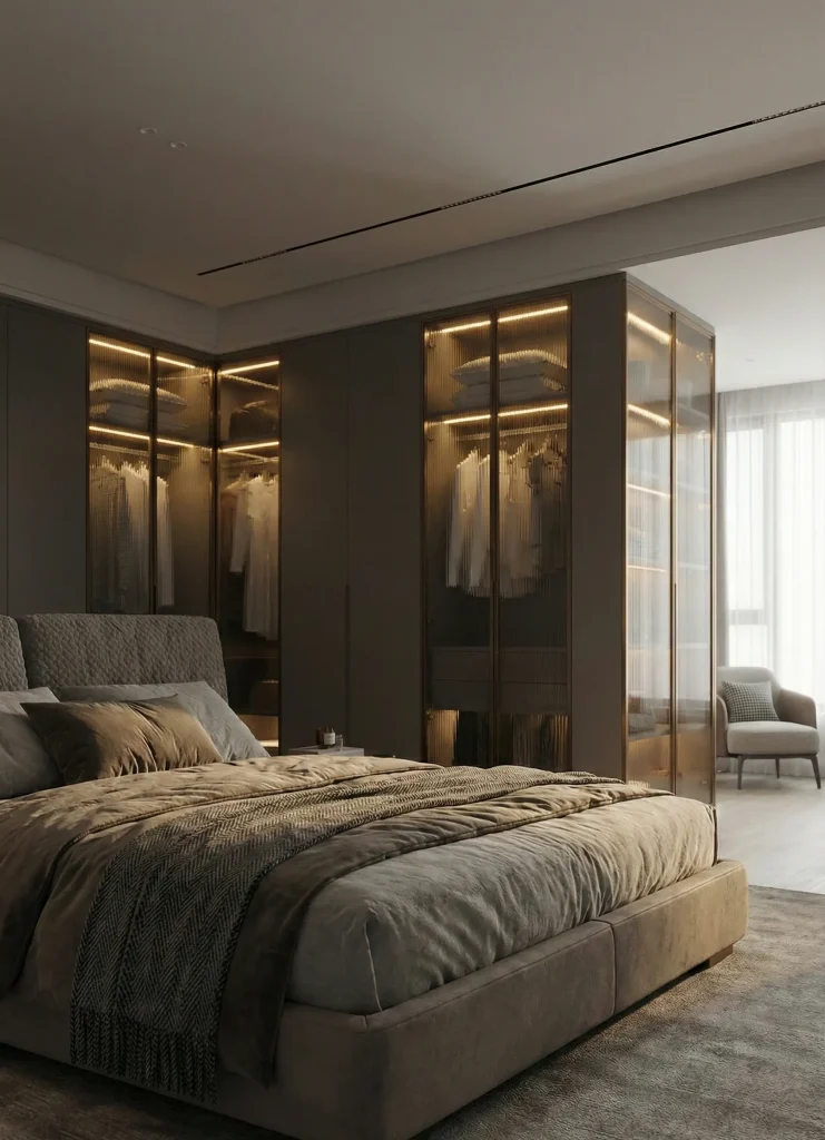 Bedroom wardrobe design with floor-to-ceiling storage and integrated lighting.
