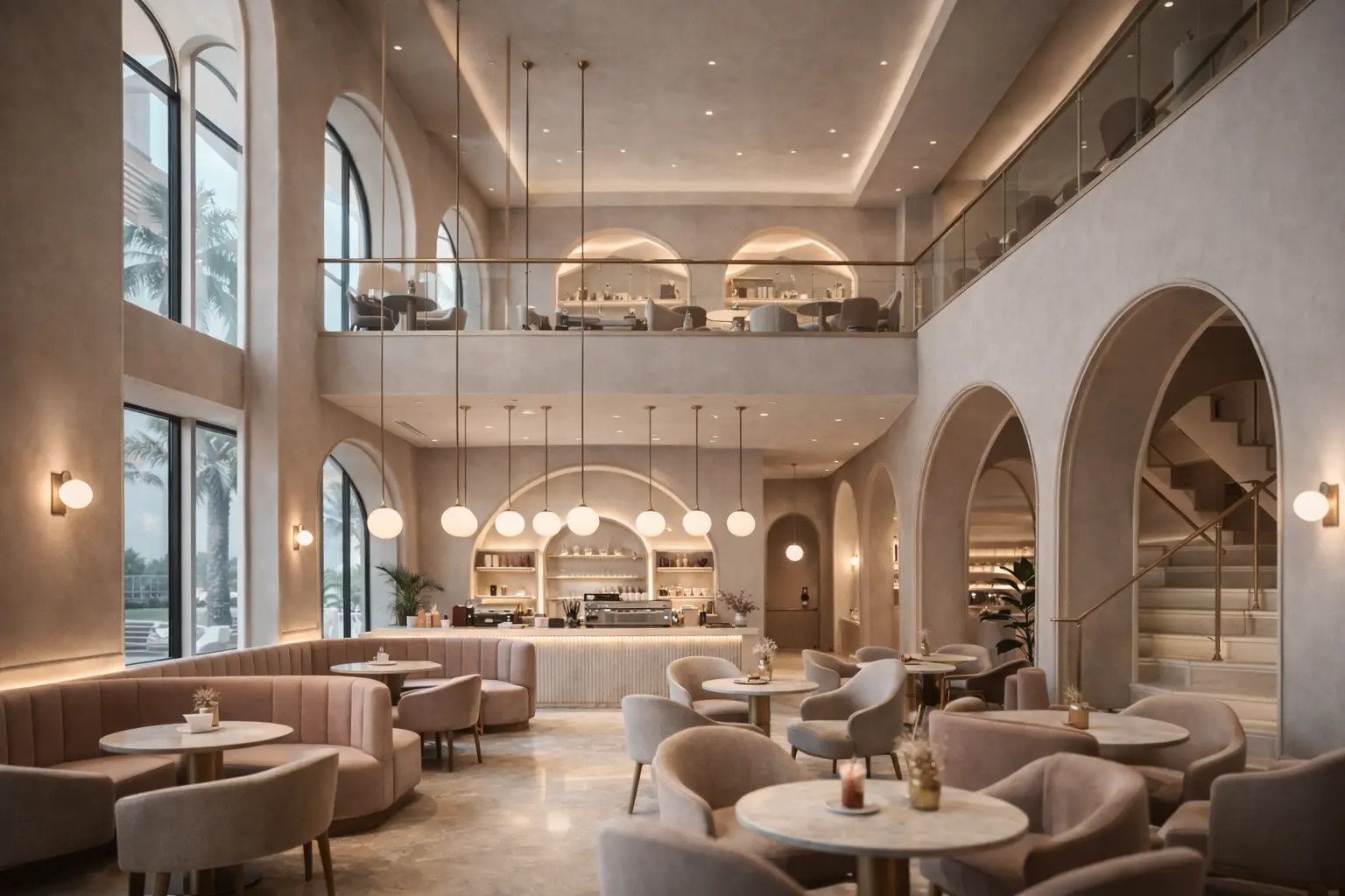 Cafe interior design in Dubai featuring a visually striking layout designed for Instagram and customer comfort.