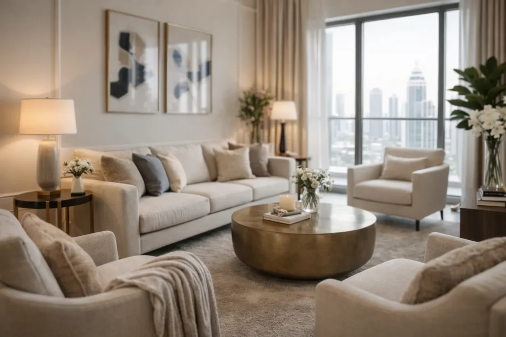 Commercial-grade upholstery used in holiday home furnishing for long-term durability and guest comfort.