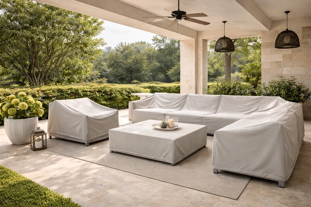 Luxury outdoor furniture protected with UV-resistant outdoor furniture covers during peak summer conditions