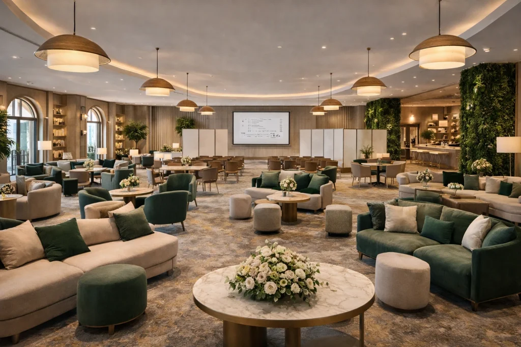 Flexible hotel lobby layout in Dubai designed for events, social interaction, and multi-use hospitality spaces.