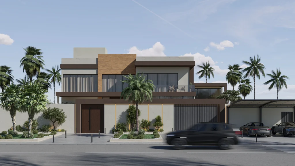 Front elevation landscape design for modern villa with hardscape and planting in UAE