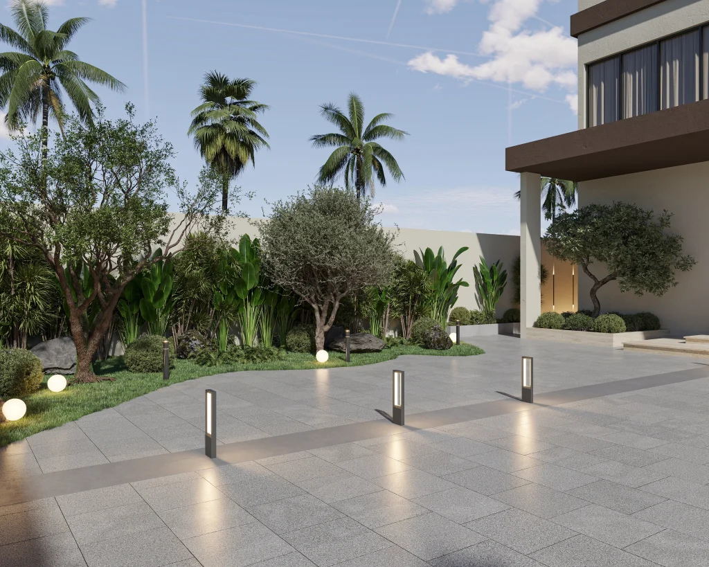 Outdoor garden design furniture and shaded seating in UAE villa