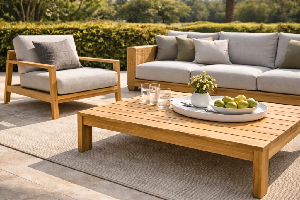 Grade-A teak wooden outdoor furniture showcasing natural oil resistance and durability for outdoor use in the UAE