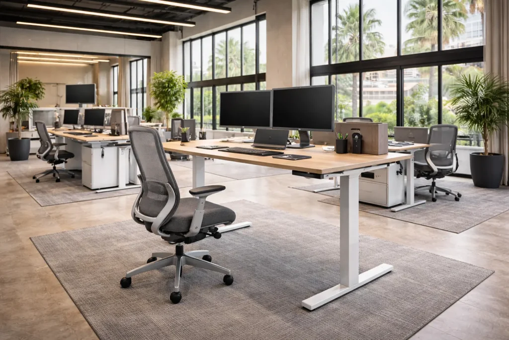 Height-adjustable standing office desk designed to improve posture and productivity in modern office environments