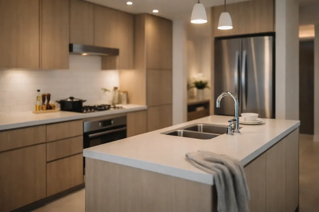 Holiday home kitchen designed with durable finishes and simple layouts for short-term rental use.