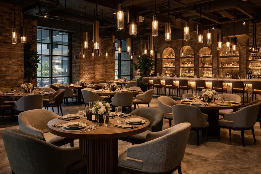 Industrial chic restaurant interior design with refined lighting in Dubai