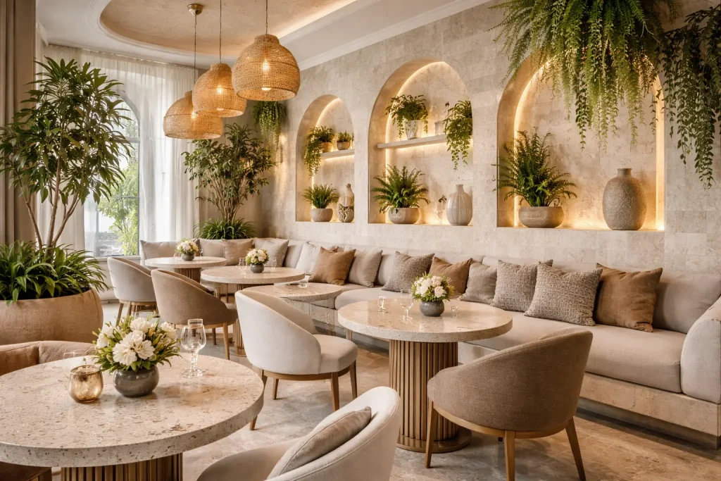 Instagrammable cafe interior design with architectural feature wall