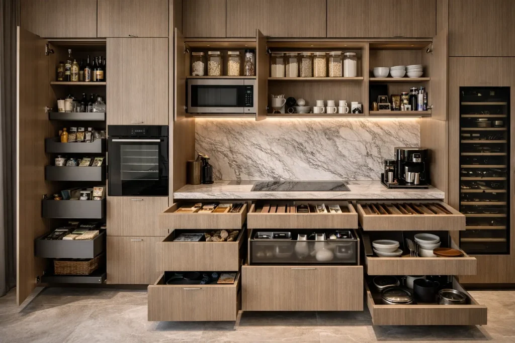 Kitchen cupboard designs optimized for storage and clean aesthetics in Dubai villas.